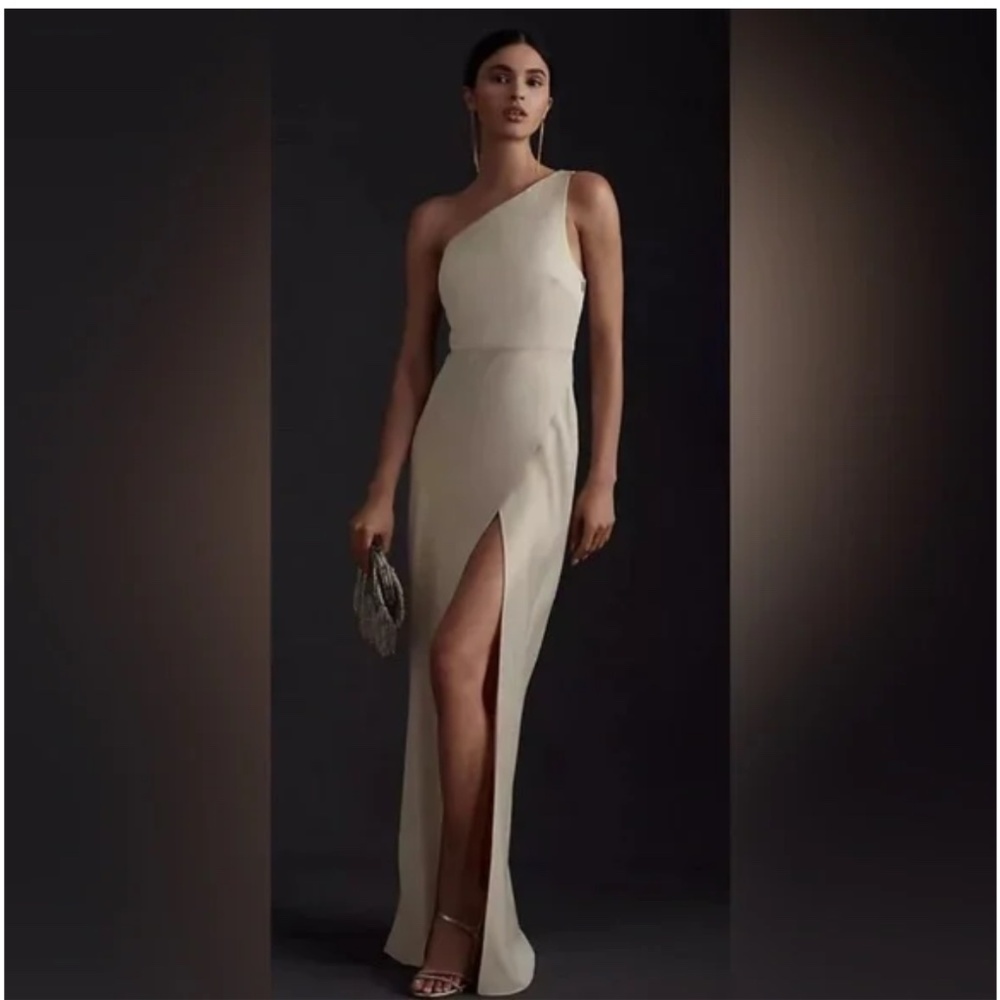 BHLDN Dylan One-Shoulder Satin Side-Slit Dress - Champagne Women Size 6